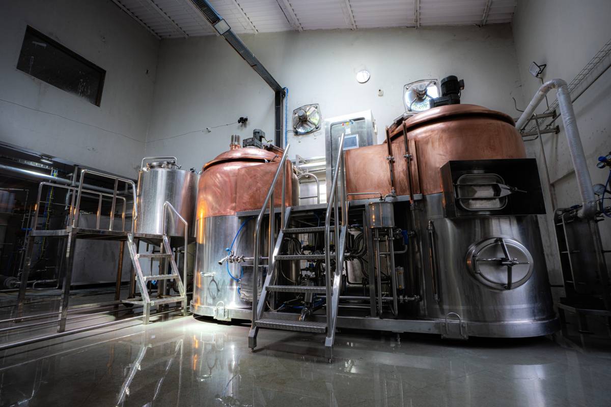 Copper brewhouse from a low angle with access steps