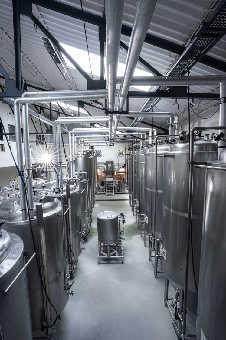 Sunlit corridor of fermentation tanks with the copper brewhouse beyond